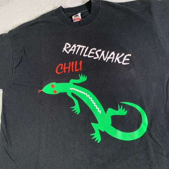 Vintage Fruit Of The Loom Rattlesnake Chili Shirt Mens Large Black Lizard 90s - Picture 2 of 10